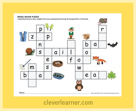 Crossword sound puzzle for children. Using the pictures as clues, children will itdentify the word and fiure out the missing letters. Great concentration and aptitude worksheet.  .http://cleverlearner.com/letter-sounds/beginning-sound-worksheets.html #kindergarten #preschool #teaching #learning Cross Words Puzzle Worksheets, English Models, Word Wheel, Word Puzzles For Kids, Cross Word, Worksheets For Preschoolers, Cvc Worksheets, Teach English To Kids, Kids Worksheet