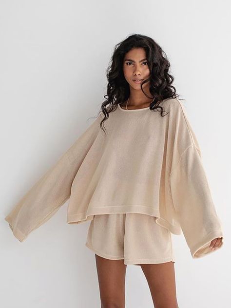 Linad Loose Pajamas For Women Knitted 2 Piece Sets Khaki Long Sleeve O Neck Sleepwear Female Casual Lounge Sets For Women, Two Piece Lounge Set, Pant Dress, Dreamy Style, Summer Sleepwear, Pajamas For Women, Linen Pajamas, Short Pant, Fall Lookbook