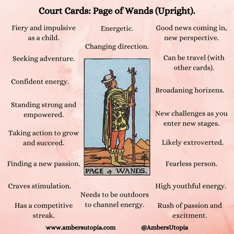 The Page of Wands, in an upright position from the suit of wands in the tarot deck and its meanings, including the astrology and numerology meanings.   #PageofWands #SuitofWands #TarotCardMeanings #Tarot Page If Wands Tarot Meaning, Princess Of Wands Tarot Meaning, 3 Of Wands Tarot Meaning, Page Of Wands Tarot Meaning, Page Of Cups Tarot Meaning, Court Cards Tarot, Page Of Wands Tarot, 5 Of Wands, 4 Of Wands