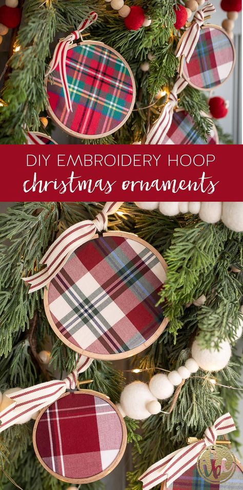 Learn how to make these Embroidery Hoop Christmas Ornaments! #DIY #christmas #ornaments #handmade #christmastree #embroideryhoop #plaid #tartan Diy With Embroidery Hoop, Embroidery Hoop Christmas Ornaments, Memory Ornaments, Embroidery Hoop Christmas, Embroidery Christmas Ornaments, Ornaments Diy Christmas, Christmas Ornaments Handmade, Embroidery Hoop Crafts, Plaid Christmas Decor