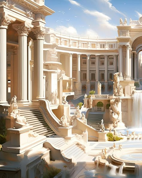 Roman Palace Fantasy Art, Fantasy Colloseum, Fantasy Castle Design, Fantasy Kingdom Cities, Greek Palace, Fantasy Temple, Greek Castle, Ancient Aesthetic, Architecture Ancient