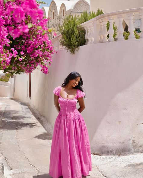 Sanjana Gutha | bougainvilleas everywhere 🌸 @freepeople greece outfits, pink dress, long dress, europe outfits, pinterest aesthetic #greece #pinkdress … | Instagram Pink Dress On Brown Skin, Modest Cute Clothes, Pink Dresses Aesthetic, Modest Fashion Outfits Summer Casual, Spring Colors Outfits, First Date Ideas Outfit, Spring Dress To Impress, Long Classy Dresses, Dress Poses Instagram