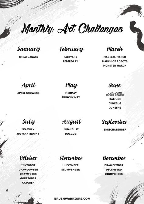 Monthly Art Challenges [ULTIMATE LIST] - BrushWarriors Art For Art Block, Art Challenges Ideas, Drawing List Ideas, Art Mediums List, May Art Challenge, Month Art Challenge, Monthly Drawing Challenge, Art Challenge Ideas, Art Block Ideas