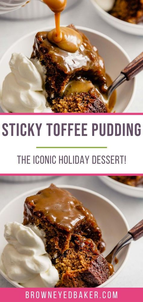 This traditional English sticky toffee pudding has the texture of a sponge-like cake that is super moist and full of sweet dates. The cake batter is baked on top of toffee sauce, then even more toffee sauce is poured on top (that toffee drizzle is a holiday gift of its own!). Serve it with whipped cream or vanilla ice cream for a truly unforgettable dessert! Stick Toffee Pudding Recipe, Steamed Sticky Toffee Pudding, Scottish Sticky Toffee Pudding, Sticky Toffee Carrot Cake Pudding, English Sticky Toffee Pudding, Cranberry Pudding, Sticky Toffee Pudding Recipe, Toffee Pudding Recipe, Sticky Toffee Cake