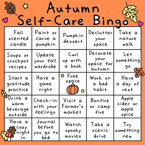 Autumn Self-Care bingo sheet! A fun autumn activity for kids and anyone else who needs suggestions for fun autumn activities. Autumn Self Care, Self Care Bingo, Pumpkins And Leaves, Self Care Challenge, Fall Boards, Pumpkin Scent, Fall Mood Board, Fun Fall Activities, Fall Bucket List