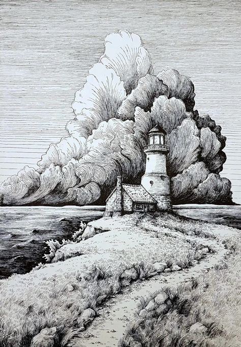 Cross Hatching Landscape, Landscape Drawing Black And White, Landscaping Sketching, Fineliner Landscape, Pen Art Work Drawings, Pen Sketch Landscape, Ink Landscape Drawing, Pen Cross Hatching, Pen Landscape Drawing