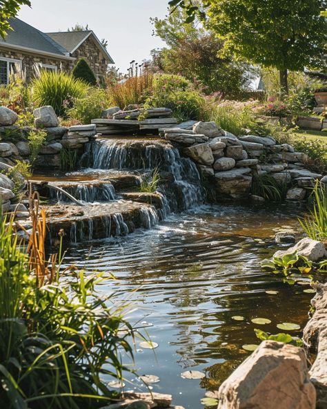 A look at 27 pond waterfall ideas to help you design a beautiful and relaxing water feature for your backyard! Garden Pond With Waterfalls, Greenhouse Treehouse, Backyard Ponds And Waterfalls, Natural Backyard Pools, Pond Waterfall Ideas, Garden Streams And Ponds, Backyard Streams, Home Pond, Pond Waterfalls