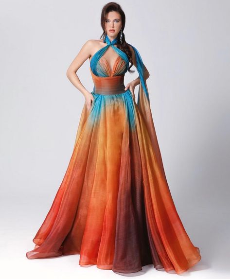 Ornelys Couture on Instagram: “ORN2721A 🧡 . . #ornelyscouture #dress #orange #blue #multicolore #hautecouture #glamour #stunning #design #barmitzvah #weddingday #event…” Fouad Sarkis, Flare Long Dress, Mnm Couture, Plastic Dress, Dress Drape, Halter Gown, Dress Cover, Fancy Dresses, Dress Backs