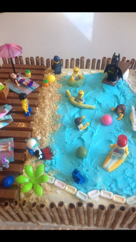 Pool Cakes Birthday, Swimming Birthday Party Ideas, Lego Pool Party, Swim Party Cake, Pool Party Cake Ideas, Barbie Swimming Pool Cake, Birthday Cake Pool Party, Pool Cake For Kids, Lego Pool