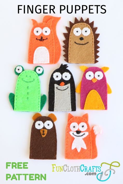 Make these cute finger puppets with easy-to-follow instructions. FREE templates on the website. Patterns for squirrel, hedgehog, frog, mole, owl, bear, and fox finger puppet. Easy Felt Crafts, Felt Toys Diy, Finger Puppet Patterns, Felt Puppets, Felt Craft Projects, Crochet Macrame, Puppets For Kids, Felt Animal Patterns, Felt Finger Puppets