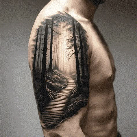 Nature Tattoo Ideas Created With AI Forest Trail Tattoo, Silent Tattoo, Forest Scene Tattoo, Tattoo Casa, Sebastian Tattoo, Tom Tattoo, Landscape Tattoos, Reflection Tattoo, Forest Tattoo Sleeve