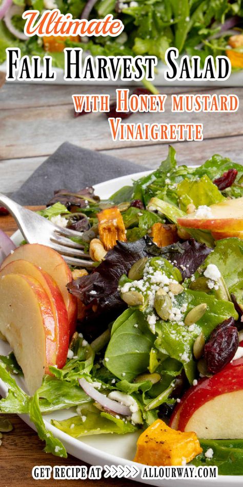 Spinach Salad With Honey Mustard Dressing, Honey Crisp Harvest Salad, Honey Crisp Salad, Harvest Salad Dressing, Harvest Salad Recipes, Fall Harvest Salad, Fall Salads, Honey Mustard Salad Dressing, Honey Balsamic Vinaigrette