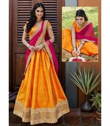 Buy Orange and golden embroidered unstitched bridal lehengas bridal-lehenga online Indian Fashion Lehenga, भारतीय दुल्हन संबंधी, Lehenga Sari, डिजाइनर कपड़े, Simple Lehenga, Half Saree Lehenga, Saree Bollywood, Lehnga Dress, New Blouse Designs