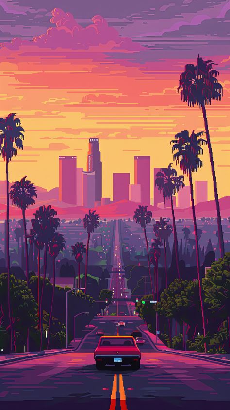 Retro Miami Aesthetic, Los Angeles Aesthetic Wallpaper, Retrocore Aesthetic, Los Angeles 80s, Urban Section, Grand Theft Auto Artwork, Los Angeles Wallpaper, Los Angeles Poster, Sci Fi Wallpaper