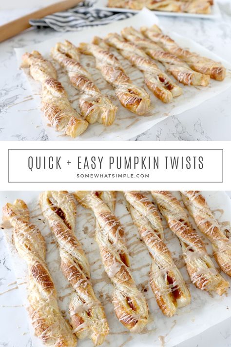 Pumpkin Twists Recipe Pumpkin Cinnamon Twists, Pumpkin Puffed Pastry, Sour Cream Twists Recipe, Pumpkin Twists Puff Pastry, Pumpkin Pie Twists Recipe, Pumpkin Pastry Puffs, Pumpkin Twists Recipe, Pumpkin Puff Pastry Desserts, Pumpkin Danish