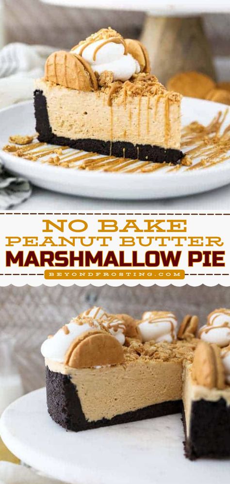 Don't miss out on this no-bake pie recipe! Piled atop an Oreo crust and finished with whipped cream, crushed peanut butter cookies, and peanut butter glaze, this peanut butter marshmallow pie is an amazing no-bake sweet. Put this on your summer dessert ideas! Chocolate Peanut Butter Fluff Dessert, Fluff Pie Recipes, Peanut Butter Pie With Marshmallow Fluff, Cheesecake With Marshmallow Fluff, Peanut Butter Marshmallow Cheesecake, Baking With Marshmallow Fluff, Peanut Butter Cool Whip Pie, Peanut Butter Fluff Pie, Peanut Butter And Marshmallow Recipes