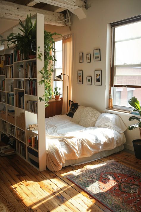 Bedroom With Room Divider, Creative Nook Ideas, Ikea One Room Apartment, One Room Appartement, 600 Sq Ft Studio Apartment Ideas, Small Apartment Interior Design Ideas, Eclectic Apartment, Kallax Hack, Bed Nook