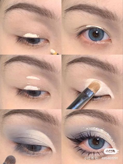 Soft Pastel Eye Makeup, Eye Makeup For Grey Eyes, Blue Korean Makeup, Grey Makeup Looks, Blue Makeup Tutorial, Blue Eyeshadow Makeup, Douyin Makeup, Doll Eye Makeup, Cute Eye Makeup