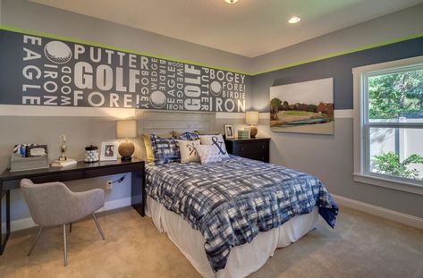 47 Really Fun Sports Themed Bedroom Ideas | Home Remodeling Contractors | Sebring Design Build Sports Themed Bedroom, Teen Room Designs, Sports Bedroom, Cool Teen Bedrooms, Golf Room, Cheap Bedroom Furniture, Teen Bedroom Designs, Interior Remodel, Themed Bedroom