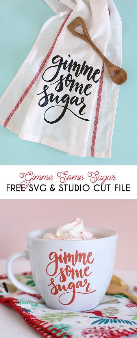 Free svg and silhouettFree svg and silhouette studio cut files - makes adorable "gimme some sugar" baking-themed gifts - DIY mug and DIY dish cloth with vinyl and your silhouettee studio cut files - makes adorable "gimme some sugar" baking-themed gifts - DIY mug and DIY dish cloth Boatneck Shirt, Gimme Some Sugar, Diy Mug, Diy Dish, Diy Mugs, Kitchen Crafts, Cricut Files, Themed Gifts, Diy Cricut