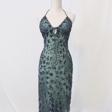 VINTAGE Y2K GREEN SILK FLORAL BEADED ASYMMETRICAL... - Depop Silk Dress Green, Prom 23, Teal Blue Dress, Vintage Silk Dress, Silk Dress Vintage, Dress Sage, Vintage Prom, Prom Dresses Vintage, Sage Color