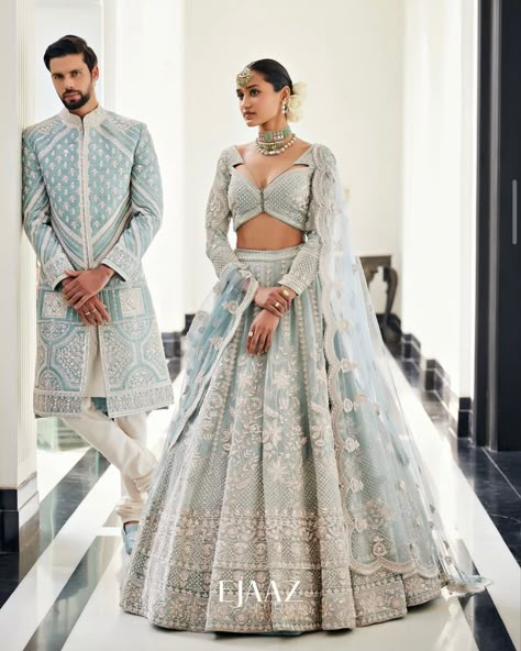 Indian Bride Wedding Dress, Day Wedding Outfit Indian, Blue Lehenga Engagement Look, Engagement Lehengas For Bride, Bridal Reception Dress Indian, Indian Wedding Couple Outfits, Pastel Engagement Lehenga, Sangeet Lehenga For Bride Blue, Reception Lehenga Bridal Pastel