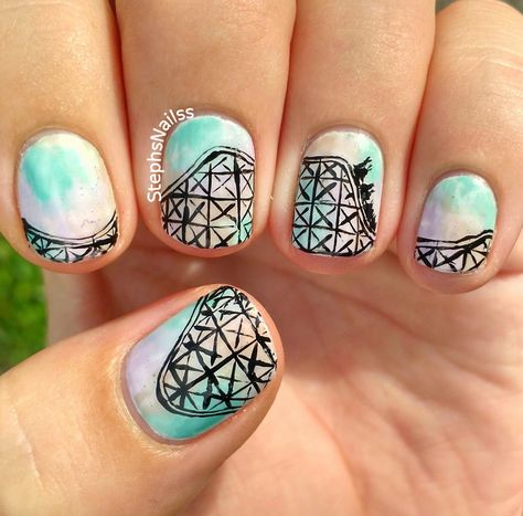 StephsNailss: Roller Coaster Nails!! Theme Park Nails, Amusement Park Nails, Small Roller Coaster Tattoo, Simple Roller Coaster Tattoo, Rollercoaster Doodle, Rollar Coasters Funny, Crazy Roller Coaster, Pointed Nails, Nail Jewels