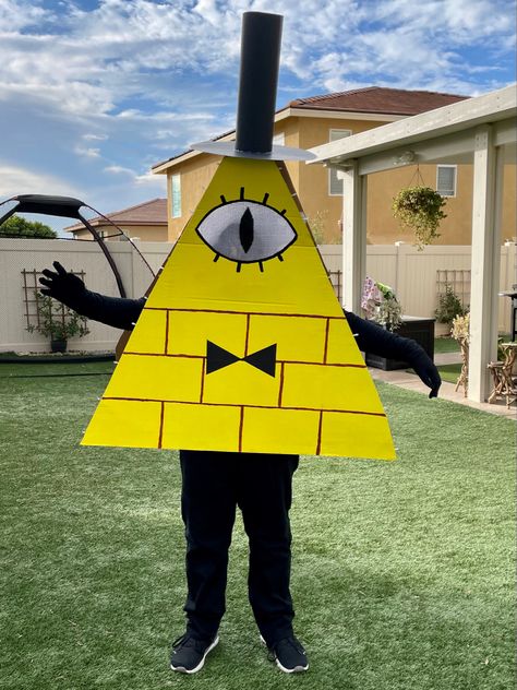 DIY - Bill Cipher Costume: Folding project boards, black poster board, acrylic paints, plastic needle point mesh for eye, popsicle sticks to keep the folds from closing in, pool noodle to make shoulder mounts & project lights. Bill Cipher Costume, Gravity Falls Costumes, Bill Cipher Human, Gravity Falls Cosplay, Halloween Costume Suit, Gravity Falls Bill Cipher, Creepy Halloween Makeup, Gravity Falls Bill, Last Halloween