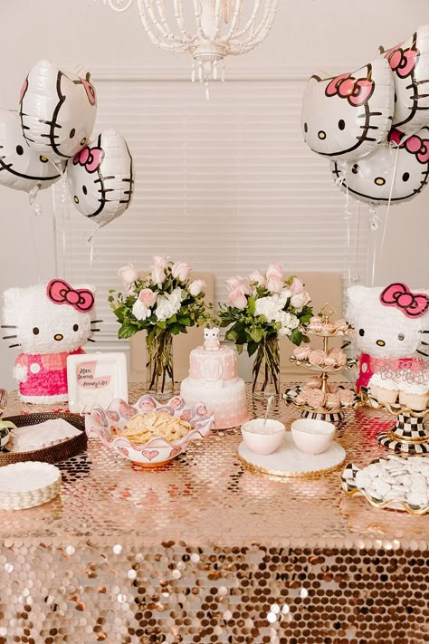 Simple Hello Kitty Birthday Party Ideas, 12 Birthday Party Themes, Boho Hello Kitty Party, Hello Kitty Party Backdrop, Hello Kitty Party For Adults, Hello Kitty 30th Birthday, Hello Kitty Tea Party Ideas, Hello Kitty 21st Birthday, Hello Kitty Quinceanera Dress