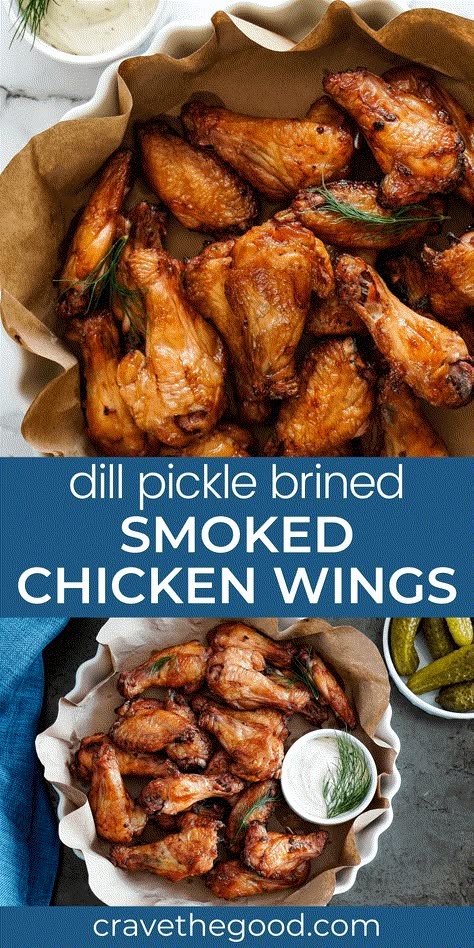 Break out your Traeger or other electric pellet smokers for these (unbelievably easy) amazing, crispy dill pickle brine smoked chicken wings. They are the best wings I've ever had! | cravethegood.com Dill Pickle Brine Recipe For Chicken, Pickle Brined Chicken Wings, Brined Smoked Chicken Wings, Chicken Wing Marinade For Smoker, Pellet Grill Wings, Traeger Chicken Wings, Smoked Wings Electric Smoker, Smoked Wings Pellet Grill, Smoked Chicken Wings Pellet Grill