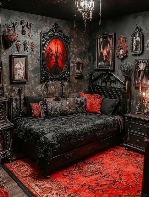 Gothic Victorian House Interior, Gothic Victorian Bedroom, Gothic Bedroom Ideas, Victorian Room, Black Bedroom Decor, Gothic Room, Gothic Bedroom, Victorian Bedroom, Goth Home Decor