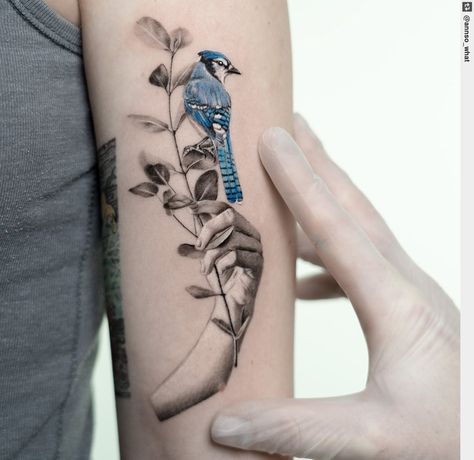 Blue Jay Tattoo, Jay Tattoo, Blue Jay Bird, Dad Tattoos, Line Work Tattoo, Dot Work Tattoo, Hip Tattoo, Birds Tattoo, Blue Jay