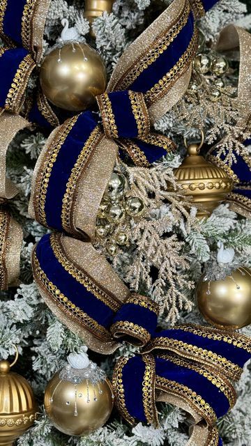 Blue Gold Brown Christmas Tree, Navy And Gold Christmas Tree, Ribbon On A Tree, Christmas Mailbox Decorations, Blue Christmas Tree Decorations, Nutcracker Christmas Tree, Christmas Tree Decorating Tips, There Are No Mistakes, Christmas Tree Decorations Ribbon