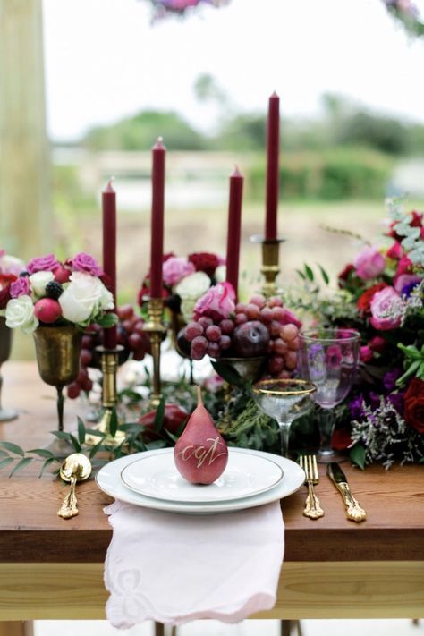 FALL DECOR | NgLp Designs shares a Fall-inspired Urban Barn Bridal Shower with deep burgundy hues ~ table decor, table setting ideas, autumn, rustic, rural setting, wedding table decor /// #bridal #tabledecor #fallstyle Wedding Color Schemes Gold, Fall Wedding Table Decor, Wedding Table Layouts, Candles And Flowers, Purple Bridal Shower, Fall Wedding Tables, Marsala Wedding, Bridal Shower Centerpieces, Rustic Fall Wedding