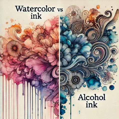 A vibrant comparison of watercolor ink and alcohol ink, featuring colorful floral designs with intricate details on a textured background, highlighting the unique characteristics of each medium. Alcohol Inks Art, How To Alcohol Ink Paint, Acrylic Ink Techniques, Alcohol Pen Art, Ink Painting Ideas, Alcohol Ink Art Tutorial, Alcohol Ink Ideas Tutorials, Craft Drawing, Ink Crafts