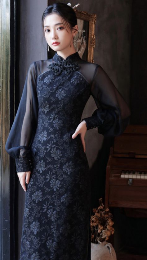 Black Asian Dress, Qi Bao Dress, Chinese Inspired Prom Dress, Elegant Chinese Dress, First Date Dress Classy, Chinese Fashion Outfits, Chinese Modern Fashion, Chinese Black Dress, Chinese Inspired Dress