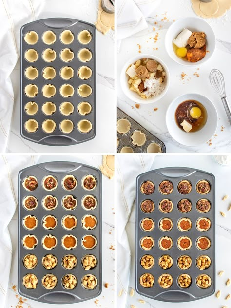 One-Pan Mini Thanksgiving Pies by The BakerMama One Pan Mini Pie Bites, Baking With Kids Thanksgiving, One Pan Mini Thanksgiving Pies, Thanksgiving Desserts Mini Pies, Pies In Cupcake Tins, Thanksgiving Dishes Easy, Pies To Make For Thanksgiving, Mini Pie Cupcakes, Mini Thanksgiving Food