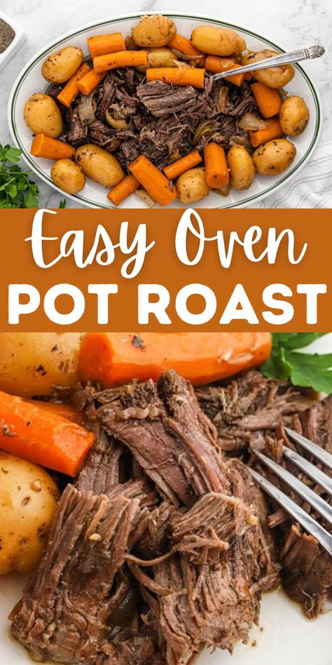 Oven Pot Roast - Eating on a Dime Chuck Roast Recipe Oven, Roast Beef Recipes Oven, Roast In Dutch Oven, Pot Roast With Gravy, Pot Roast Gravy, Roast With Gravy, Oven Roast Beef, Dutch Oven Pot Roast, Oven Pot Roast