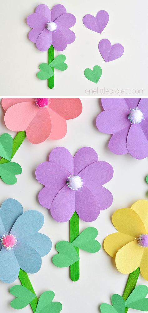 These paper heart flowers made from construction paper, popsicle sticks and pom poms are SO CUTE. And they're really easy to make! You can make these flowers using simple craft supplies - and they look so pretty! This is such a great craft for spring and summer and a great kids craft for Mother's Day. Construction Paper Flowers, One Little Project, Flower Crafts Kids, Construction Paper Crafts, Vbs Themes, Heart Flowers, Paper Flower Crafts, Spring Crafts For Kids, Spring Craft