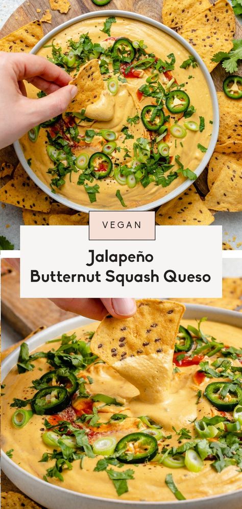 Amazing vegan butternut squash queso filled with incredible flavor from roasted butternut squash, jalapeño, your fav salsa and tons of warming spices. This fall-inspired vegan queso recipe is the perfect way to use up extra butternut squash and is delicious served with chips, on nachos, in quesadillas and more! #butternutsquash #queso #dip #vegan #appetizer #gameday #dairyfree Butternut Squash Queso, Fall Salsa Recipes, Vegan Football Food, Vegan Game Day Recipes, Vegan Fall Appetizers, Vegan Salsa Recipe, Vegan Cashew Cheese Sauce, Food Healing, Cashew Cheese Sauce