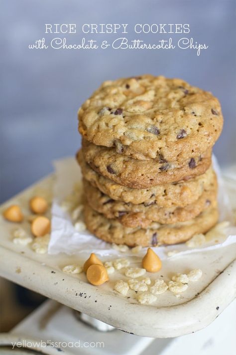 Rice Krispie Chocolate Chip Cookies | YellowBlissRoad.com Rice Crispy Cookies, Butterscotch Rice Krispies, Candy Corn Rice Krispie Treats, Cookies Butterscotch, Rice Krispies Cereal, Yellow Bliss Road, Corn Rice, Cookies With Chocolate, Cake Mug