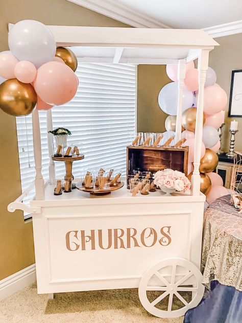 Churros Party Display, Churro Cart Wedding, Churros Cart, Dessert Cart Ideas, Snack Cart Party, Churro Station, Churros Bar, Candy Cart Ideas, Churro Stand