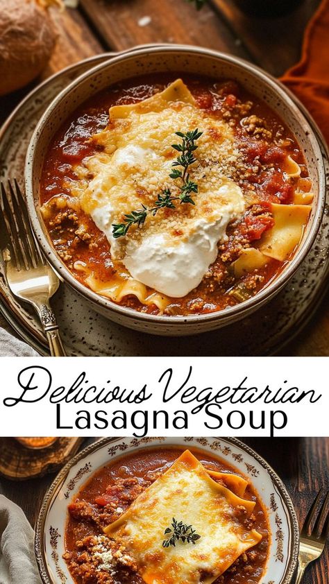 This veggie lasagna soup is a comforting bowl of Italian flavors, featuring noodles, tomatoes, and a blend of herbs and spices. Perfect for a cozy night in, this dish is hearty, satisfying, and packed with the rich flavors of classic lasagna in a healthier, vegetarian version. Vegetarian Cozy Food, Vegetarian Lasagne Soup, Noodle Soup Recipes Vegetarian, Veggie Lasagna Soup, Lasagna Soup Vegetarian, Healthy Vegetarian Lasagna, Vegetarian One Pot Meals, Vegetarian Lasagna Soup, Hearty Vegetarian Soup