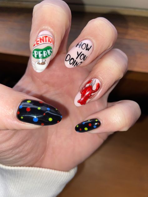 Friends Themed Nails, Friends Nails Designs, Friends Nails Tv Show, Home Alone Nails, Tv Show Nails, Christmas Movie Nails, Friends Nail Art, Practice Nails, Friends Nails