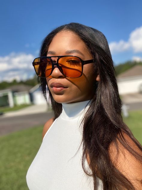 Girl wearing Orange sunglasses lenses with white top on Orange Sunglasses Outfit, Yellow Sunglasses Outfit, Orange Lens Sunglasses Outfit, Chic Orange Sunglasses With Glass Lenses, Orange Sunglasses Aesthetic, Orange Lens Sunglasses, Orange Lense Sunglasses, Yellow Lens Sunglasses, Summer Orange Anti-reflective Sunglasses