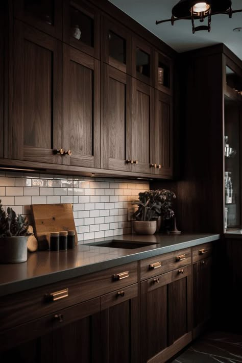 Dark brown cabinets add warmth and depth for a rich and elegant look, especially when paired with lighter countertops and backsplashes. #DIY #HomeDecor #InteriorDesign Dark Brown Kitchen, Diy Kitchen Cabinets Painting, Brown Kitchen Cabinets, Dark Wood Cabinets, Brown Cabinets, Brown Kitchens, Interior Vintage, Wood Kitchen Cabinets, Painting Kitchen Cabinets