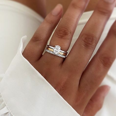 Gold And White Gold Rings Together, Ring Stack Round Diamond, Mixing Gold And Silver Wedding Rings, Silver Engagement Rings Stack, Wedding Bands Mixed Metal, Mix Matched Wedding Bands, Mixed Gold And Silver Engagement Ring, White Gold And Yellow Gold Wedding Set, Wedding Ring Stacks Mixed