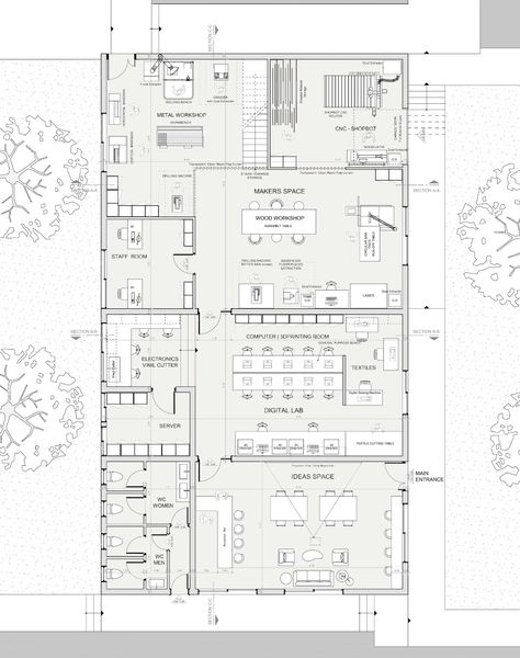 Olon Design Group | FabLab Anambra_Nigeria Lab Floor Plan, Library Design Architecture Plan Layout, Restaurant Plan Architecture, Library Floor Plan, Office Layout Plan, Office Floor Plan, Fab Lab, Workshop Plans, Architecture Portfolio Design