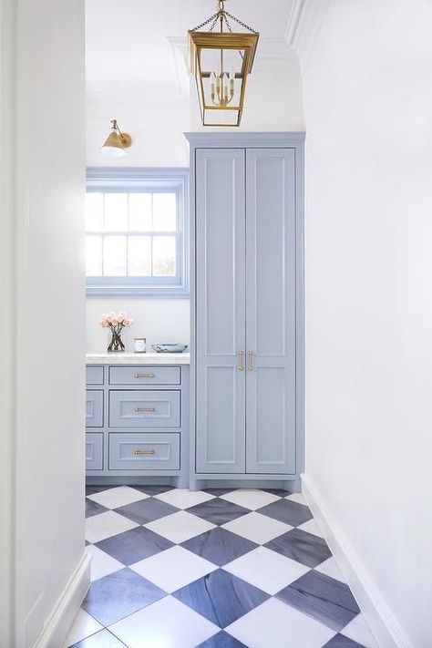 Harlequin Floor Laundry Room, Black And White Floor Laundry Room, Black And White Tile Mudroom, Best Blue For Cabinets, Blue And White Floor Tile, Blue Mud Room, Blue Laundry Room, Harlequin Floors, Bathroom Black And White