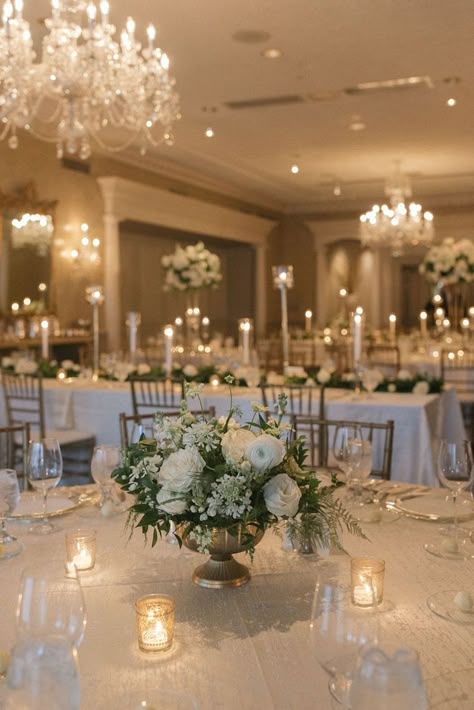 Wedding Ideas Classic Romantic, Romantic Table Decor Wedding, Classic Wedding Aesthetic Ceremony Decor, Church Isle Wedding Ideas, Flowers For Wedding Tables Elegant, Elegant Floral Arrangements Wedding, Elegant White Wedding Table Decor, Wedding Reception Decorations Indoor Elegant, Floral Venue Decor